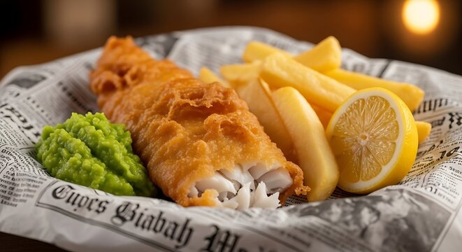 Classic Fish and Chips with Mushy Peas and Lemon.