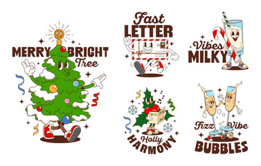 Christmas groovy hippie characters label stickers and t shirt prints. Vector festive cartoon holiday patches of Xmas tree, milk and champagne glasses, letter and holly convey seasonal celebration vibe