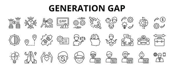 30 Generation Gap Line Icons Vector - Diversity, Disparity, Gap, Transformation, Attitude, Respect, Conflict, Change