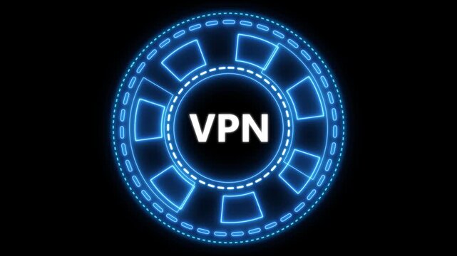 Animated blue neon vpn symbol rotating on black background for data security