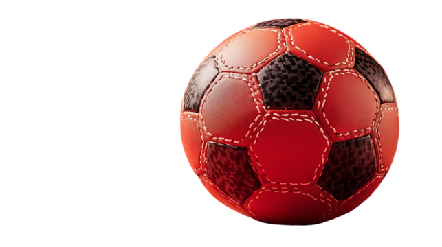 A close up of a red and black soccer ball against black background on transparent background