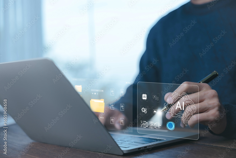 Poster ai technology concept with man using laptop and digital interface, showing artificial intelligence, 