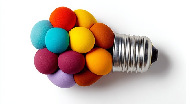 Bunch of colorful eggs are inside a light bulb. The eggs are of different colors and sizes, and they are all squished together. The light bulb is a symbol of creativity and inspiration