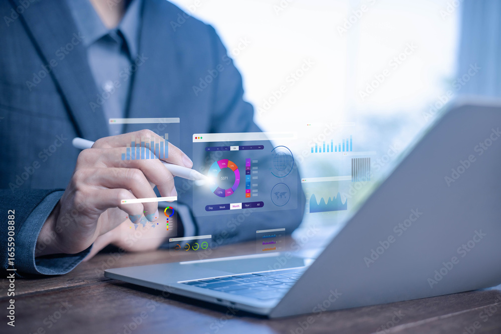 Poster data analytics dashboard concept with businessman using laptop and digital pen, showing charts, grap