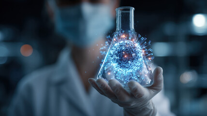 Scientist hand displaying holographic laboratory flask with glowing blue digital data visualization futuristic technology