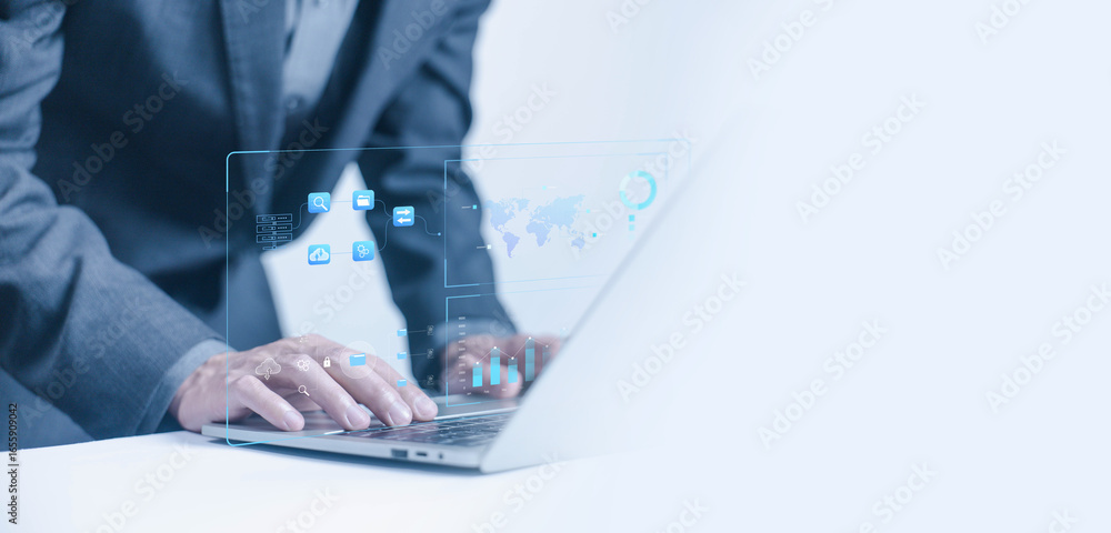 Aufkleber businessman using laptop with a futuristic digital dashboard, showing cloud computing, data analysis