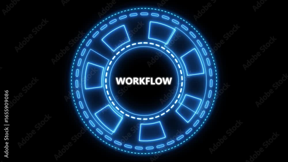 Poster animated blue glowing workflow diagram with abstract technological elements on black background