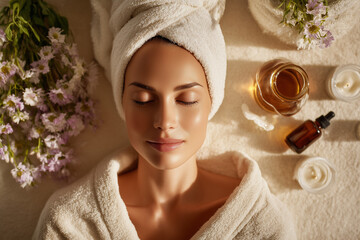 Relaxed woman enjoying a spa day with skincare products, flowers, and a cozy bathrobe for ultimate self-care and wellness