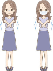 Long wavy-haired woman shivering from cold with and without mask (full body)