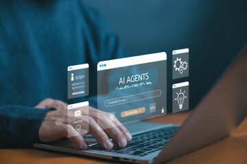 AI agents interface concept with man using laptop and digital command prompt, showing automation,...