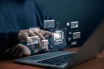 AI agents system concept with man using laptop and digital interface, showing automation, data...