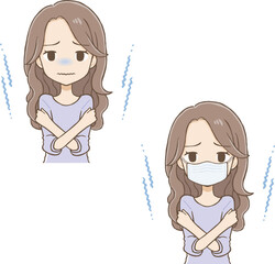 Long wavy-haired woman shivering from cold with and without mask (upper body)