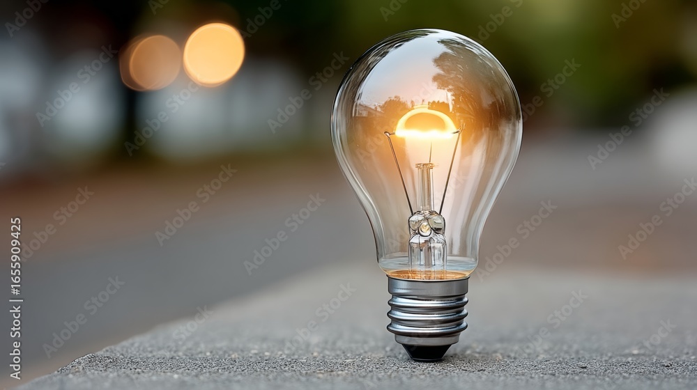 Poster light bulb is lit up and is sitting on a concrete surface. the light bulb is the main focus of the i