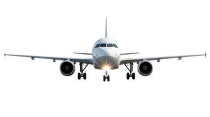 Front view of a passenger jet airplane with landing gear extended on a runway, cut out transparent