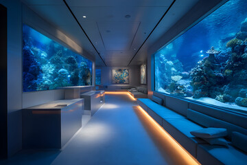 Luxury underwater restaurant with panoramic aquarium view, fine dining experience in modern elegant interior.