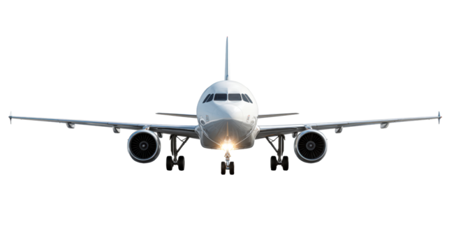 Front view of a passenger jet airplane with landing gear extended on a runway, cut out transparent