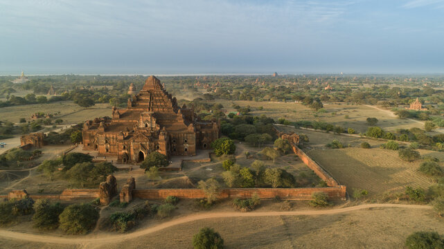 Aerial view of the magnificent Ananda Temple, a jewel amidst the Bagan plains, bathed in the soft glow of dawn, Old Bagan, Mandalay Region, Myanmar (Burma).