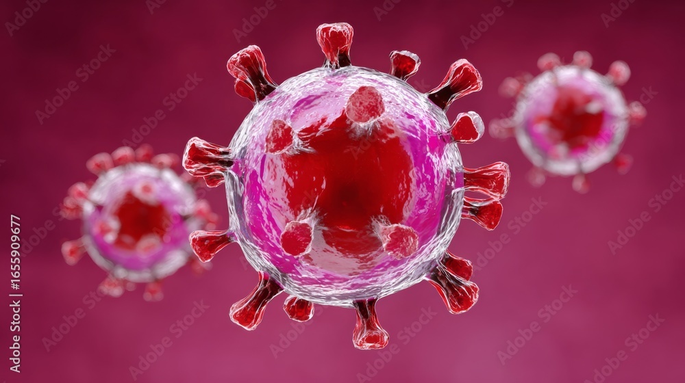 Poster three red viruses are shown in a close up. the viruses are pink and are surrounded by a red backgrou