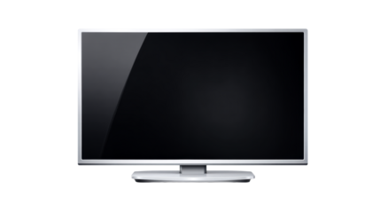 Modern flat screen display with silver frame and blank black screen, cut out transparent