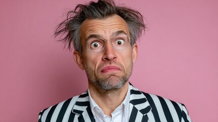 Man with a messy hair and glasses is wearing a striped suit and looking at the camera. He is in a bad mood or is trying to make a funny face