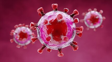 Three red viruses are shown in a close up. The viruses are pink and are surrounded by a red background. The viruses are shown in a three-dimensional form