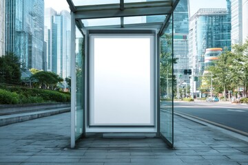 Blank White Billboard at Modern City Bus Stop