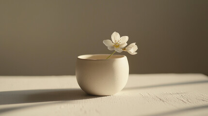 A tiny, delicate Maisonâ€™s flower gently resting against a handmade white ceramic cup.