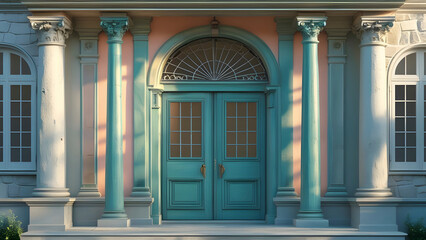 Obraz premium Historic building facade in Prague with an ornate wooden door and arched windows.