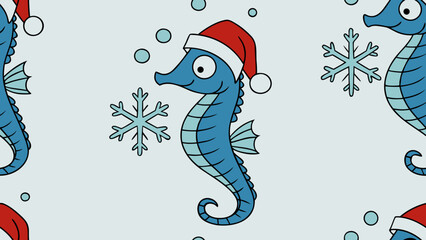 Blue Christmas cartoon illustration with a funny seahorse wear Christmas hat, light blue background