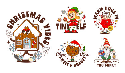 Christmas groovy characters label stickers and t shirt prints vector set featuring funky gingerbread house, elf, cookie, hot drink and gnome with retro typography. Vector holiday and festive patches