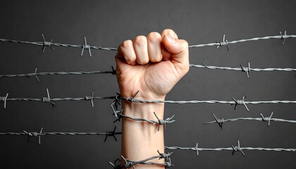 A hand encased in barbed wire, a symbol of restriction and the struggle for freedom.