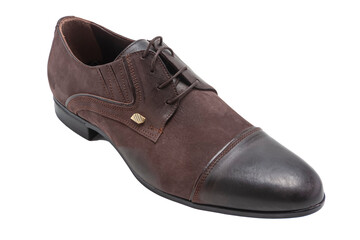 Footwear Ideas. One Stylish Classic Male Black and Brown Leather Laced Derby Regular Shoe Placed Over Pure White.