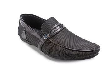 Footwear Ideas. One Stylish Classic Male Black Leather Venetian Slipper Shoe Placed Over Pure White.