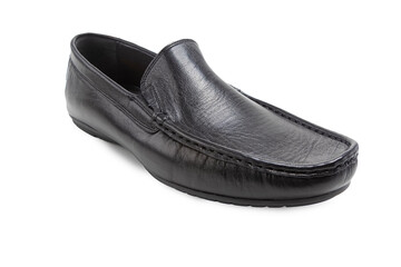 Footwear Ideas. One Stylish Classic Male Black Leather Slipper Shoe Placed Over Pure White.