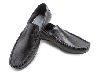 Pair of Stylish Classic Formal Male Black Leather Venetian Slippers Calf Leather Shoes Placed Together Over White.