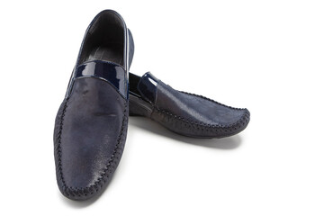 Pair of Stylish Classic Formal Male Dark Blue Leather Venetian Slippers Calf Leather Shoes Placed Together Over White.