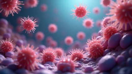 Pink microorganisms and bacteria in 3D, detailed scientific illustration with realistic textures and blue background, high resolution, 4K