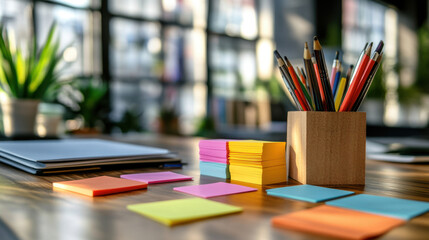 Paint brushes and colorful sticky notes on a wooden table in office