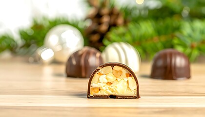 A delicious, half-cut, chocolate-covered nut confectionery.