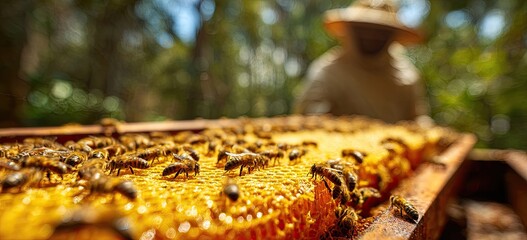 Close Up of Honeycomb Frame Covered in Bees with Beekeeper Blurred in Background Sunny Outdoor Setting