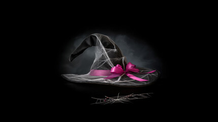 Black witch hat with silver cobwebs and crimson ribbon, embodying Halloween elegance and mystery.