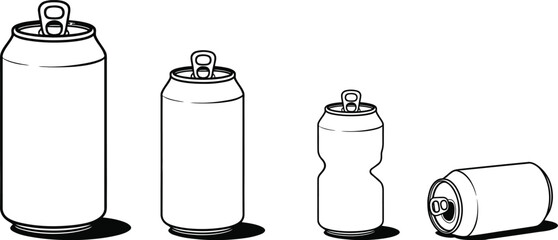 Collection of beverage cans and water bottle in a line illustration