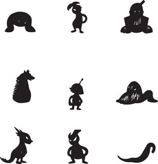 Various silhouettes of fantasy or alien creatures