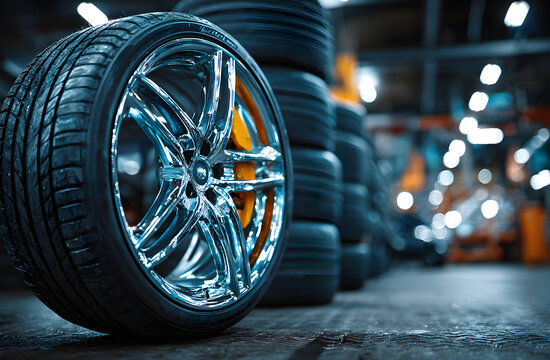 Shiny new car tire with chrome rim sits on concrete floor of auto repair shop. Stacked tires fill background shelves. Automotive workshop displays service equipment for vehicle maintenance, repair,