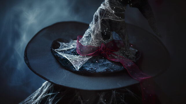 Black witch hat with silver cobwebs and crimson ribbon, embodying Halloween elegance and mystery.