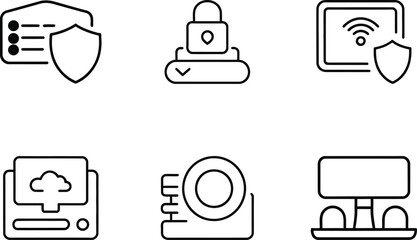 Set of six hand drawn icons representing cybersecurity and network security concepts