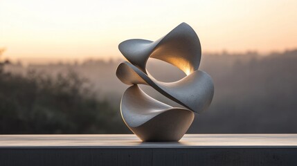 Elegant sculptural form crafted from light-colored stone, set against a soft sunset landscape