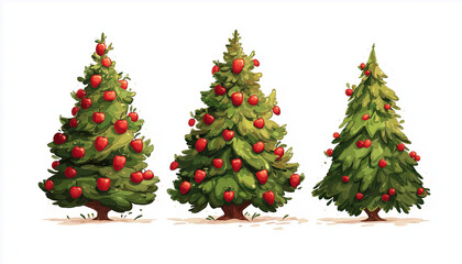 Three christmas trees decorated with red apples isolated on a white background illustration style