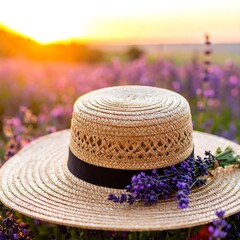 Straw hat in a lavender field at sunset