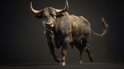 A powerful, muscular bull, captured in a dynamic pose, features detailed fur and imposing horns on a dark background.
